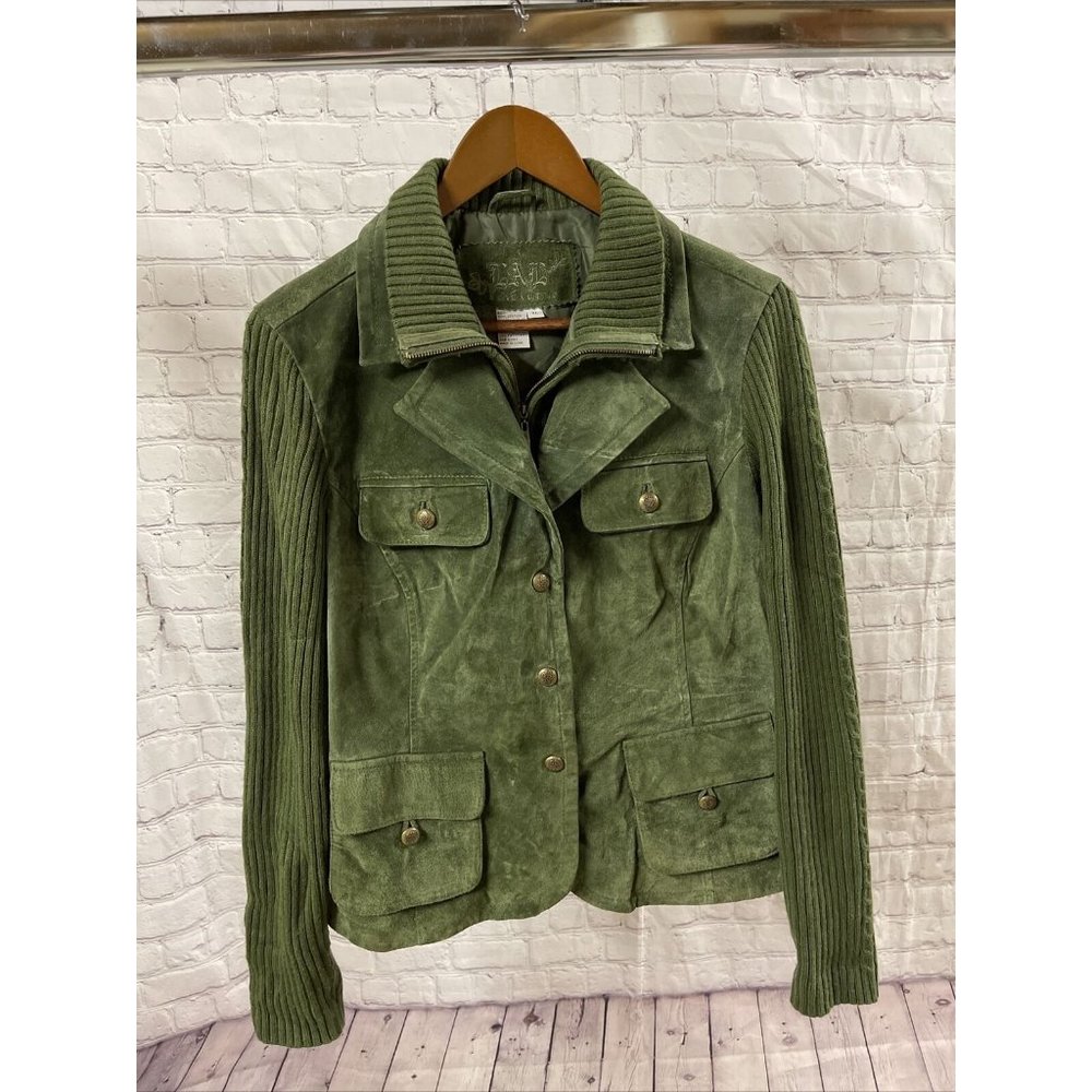 LAL Live a Little Womens XL  100% Leather And Knit Jacket Green Sage Moss Coat